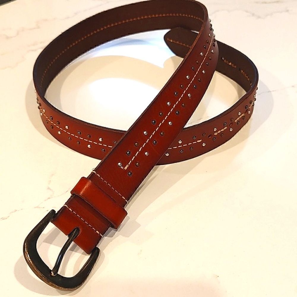 Brown Leather Tri-Metal Studded Belt Brass Buckle